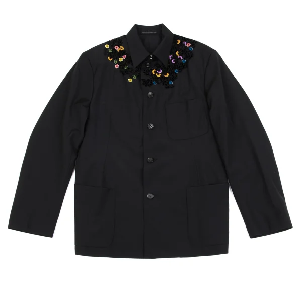 Yohji Yamamoto POUR HOMME Velour Floral Patch Wool Jacket Black M K-162186_001