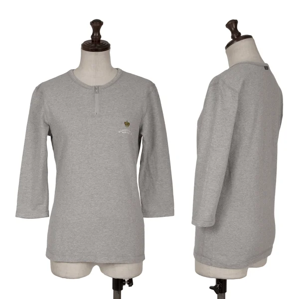 Mademoiselle NON NON Cotton Logo Embroidery Zip Neck 3/4 Sleeve Top Grey 38M K-162285_001