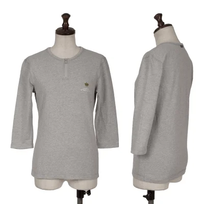 Mademoiselle NON NON Cotton Logo Embroidery Zip Neck 3/4 Sleeve Top