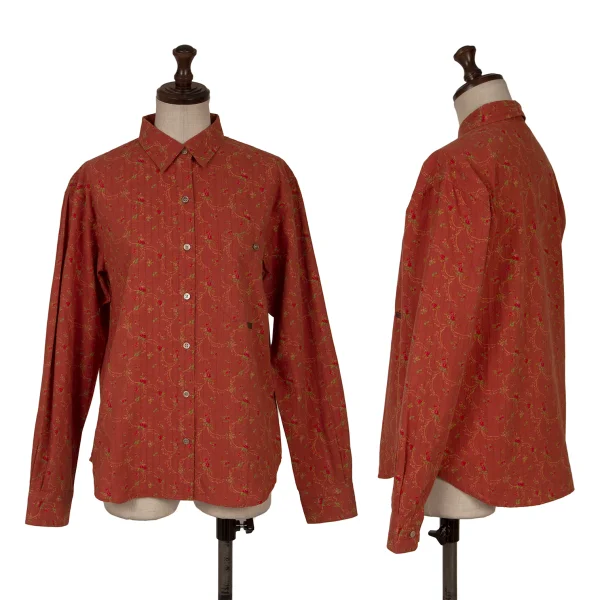 Mademoiselle NON NON Cotton Floral Print Stripe Weave Shirt Brown 38M K-162287_001
