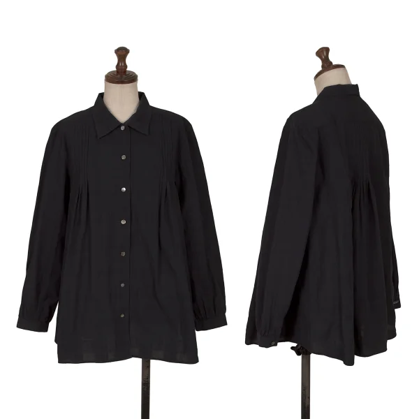 Mademoiselle NON NON Cotton Shadow Check Pin-tuck Design Blouse Navy 38M K-162290_001