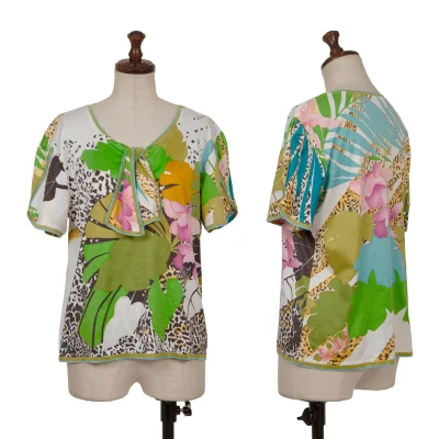 LEONARD Botanical Printed Bowtie Neck Short Sleeves T-shirt
