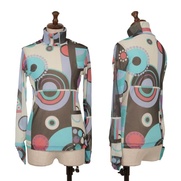LEONARD SPORT Multi Dot Shirring Sleeve Mesh Turtleneck Top Multi-Color 40 K-162319_001