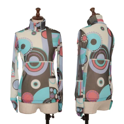 LEONARD SPORT Multi Dot Shirring Sleeve Mesh Turtleneck Top