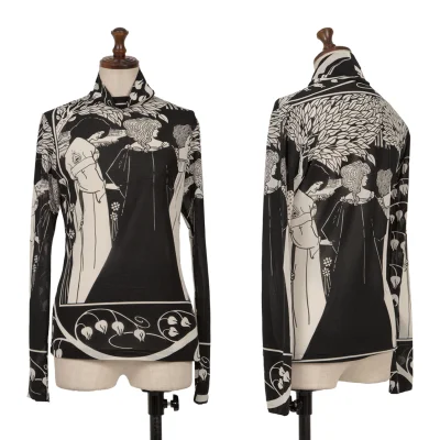 Yohji Yamamoto FEMME Monochrome Graphic Print See-through High-neck Top