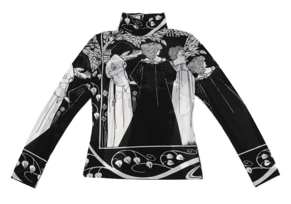 Yohji Yamamoto FEMME Monochrome Graphic Print See-through High-neck Top K-162480_002