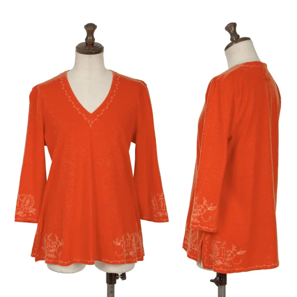 Jean Paul GAULTIER FEMME Hemp Cotton Leaf Embroidery V-neck T-shirt Orange 40 K-162486_001