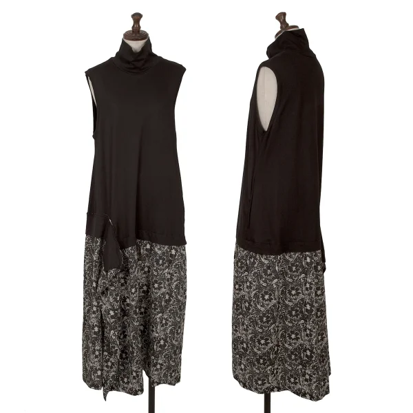 ワイズ y's 黒 ノースリーブ チュニック アシンメトリー サイズ1 グラウンド ワイGround Y フラワー顔料プリント切替ハイネック