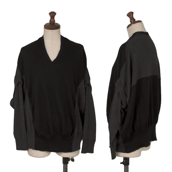 RISMAT by Y's Wool Bicolor Layered Sleeve V-neck Knit Black,Grey 2 K-162611_001