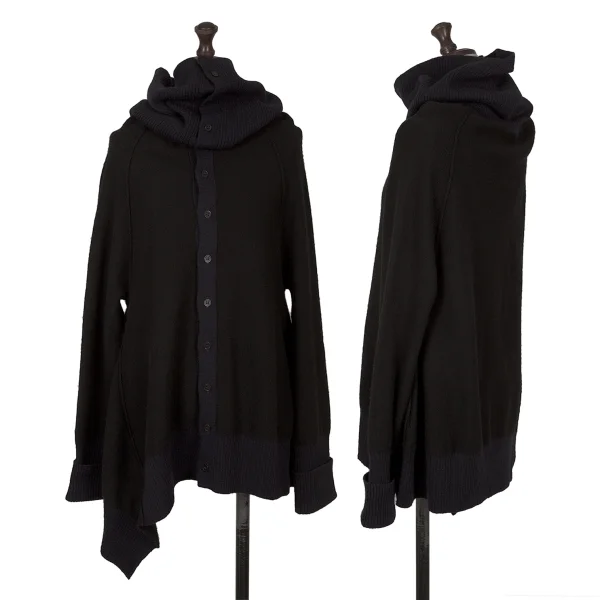 ワイズY's ウールリブ切替オフタートルニットカーディガン 黒紺2