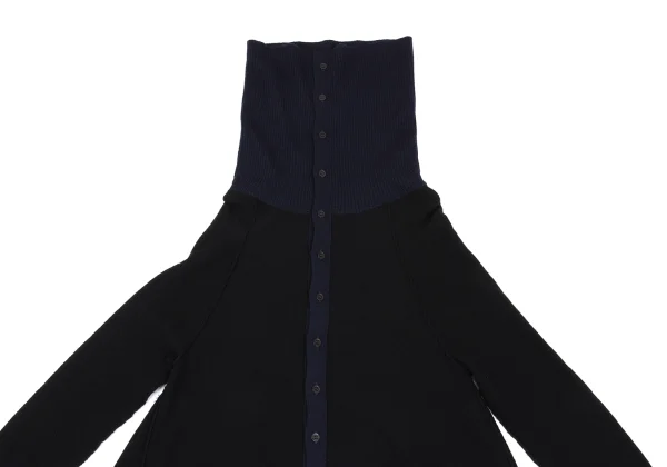 ワイズY's ウールリブ切替オフタートルニットカーディガン 黒紺2