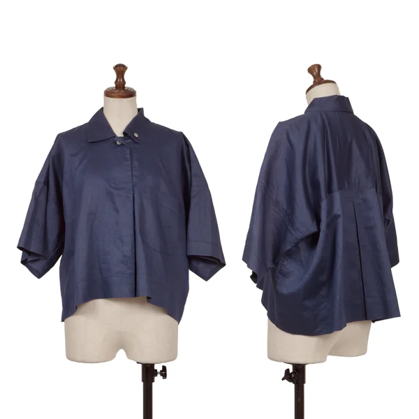 ISSEY MIYAKE Cotton Linen Short Sleeve Pullover Blouse Navy M K-162934_001