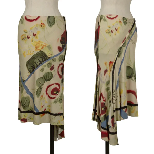 ジャンポールゴルチエ ファムJean Paul GAULTIER FEMME グラフィックプリントアシンメトリーストレッチスカート ベージュマルチ40 K-162956_001