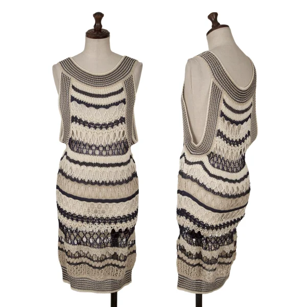 Jean Paul GAULTIER MAILLE FEMME Rayon Linen Openwork Sleeveless Knit Tunic Ivory,Navy S K-162962_001