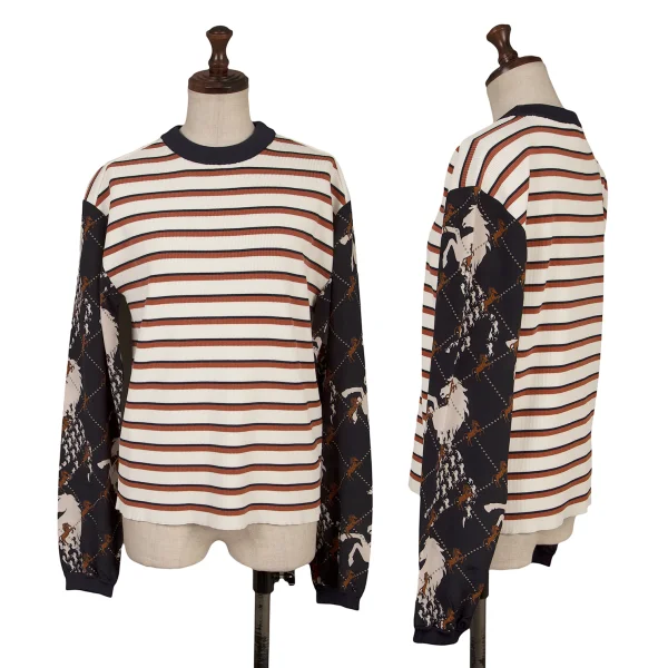Chloe Printed Silk Sleeves Switching Stripe Knit Top White M K-162973_001