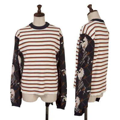 Chloe Printed Silk Sleeves Switching Stripe Knit Top