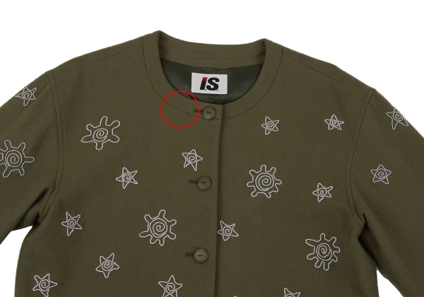 イッセイミヤケISSEY MIYAKE I.S. ウールエンブロイダリーノーカラージャケット カーキM K-162987_003
