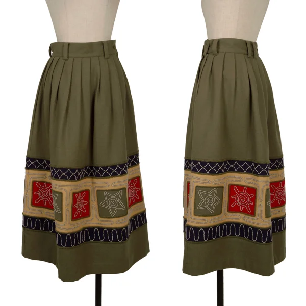 ISSEY MIYAKE I.S. Wool Embroidered Skirt Khaki M K-162988_001