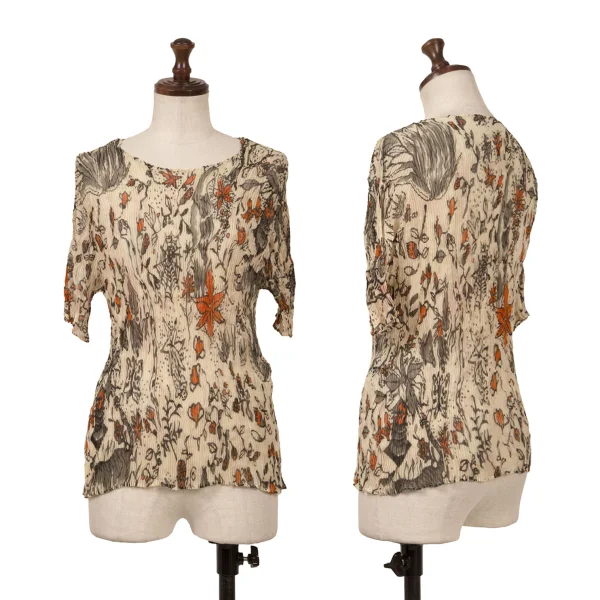 ISSEY MIYAKE Botanical Print See-through Pleats T-shirt Beige,Multi-Color M K-163176_001