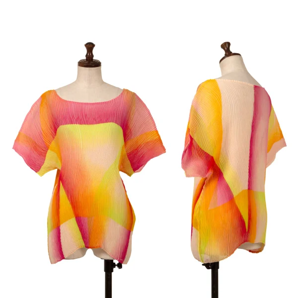 ISSEY MIYAKE Multi-color Graphic Print See-through Pleats T-shirt Pink,Yellow 2 K-163177_001