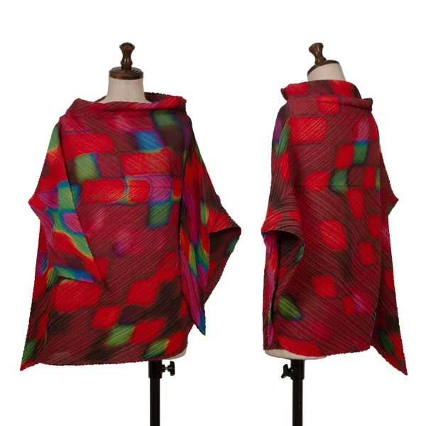 ISSEY MIYAKE Colorful Graphic Print Bias Pleats High necked Top Multi-Color 2 K-163178_001