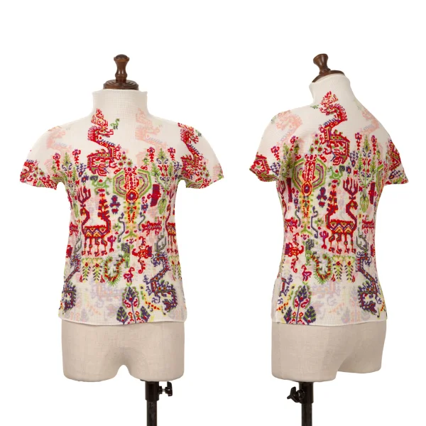 ISSEY MIYAKE me Ethnic Print Stretch Pleats High-neck T-shirt White,Multi-Color F K-163183_001