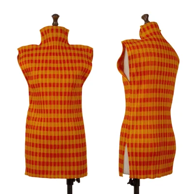 PLEATS PLEASE Check Print Pleats High-neck Sleeveless Top
