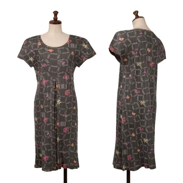 PLEATS PLEASE Cotton Blend Multi Printed Pleats Dress Grey 3 K-163194_001
