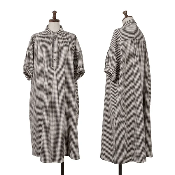 PINK HOUSE Checked Short Sleeve Off Shoulder Shirt Dress Black,Ivory S-M K-163200_001