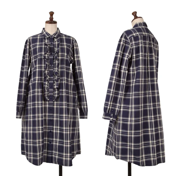 PINK HOUSE Frill Front Check Long Sleeve Shirt Dress Navy,White S-M K-163201_001
