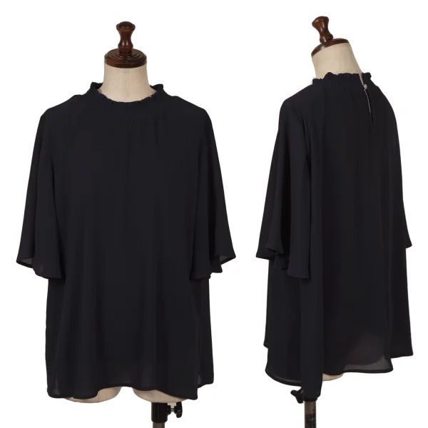 BEAMS HEART Poly Shirring Neck Blouse Navy 36 K-163247_001