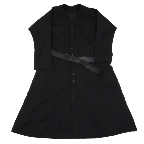 Yohji Yamamoto POUR HOMME Wool Gabardine Leather Belted Collarless Coat Black 3 K-163267_001
