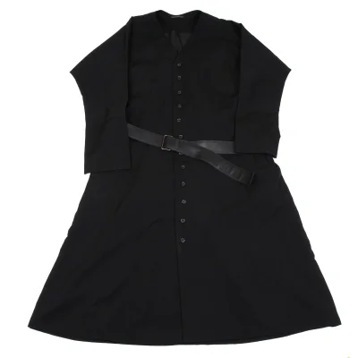 Yohji Yamamoto POUR HOMME Wool Gabardine Leather Belted Collarless Coat