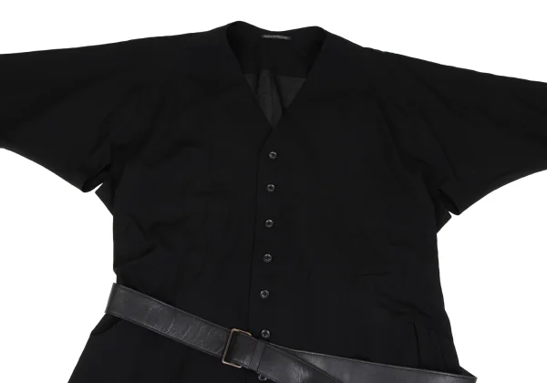 Yohji Yamamoto POUR HOMME Wool Gabardine Leather Belted Collarless Coat K-163267_002