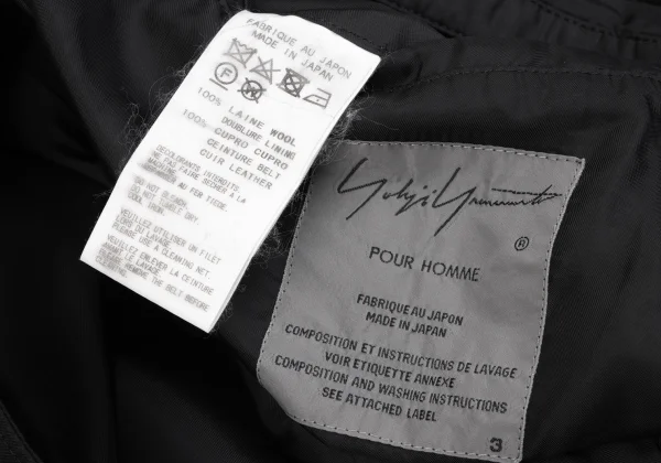 Yohji Yamamoto POUR HOMME Wool Gabardine Leather Belted Collarless Coat K-163267_018