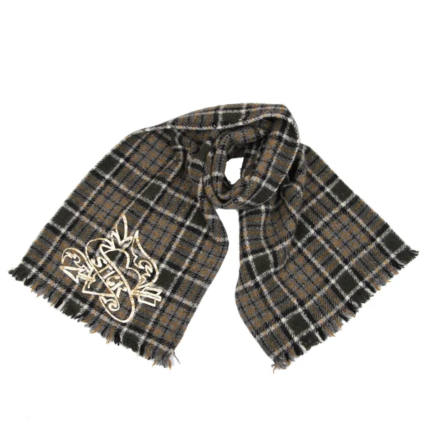 JUNYA WATANABE COMME des GARCONS Tattoo Printed Check Fringe Scarf Grey,Khaki Free K-163325_001