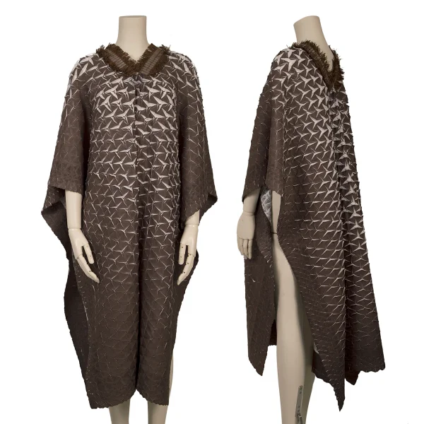 ISSEY MIYAKE Triangle Steam Stretch Pleated Fringe Neck Over Poncho Brown 2 K-163360_001