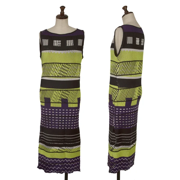 ISSEY MIYAKE Pleated Geometric Print Sleeveless Dress Black,Purple,Yellow 2 K-163364_001