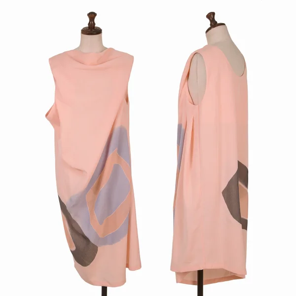 ISSEY MIYAKE Sheer Square Printed Drape Design Sleeveless Dress Pink,Purple 2 K-163365_001