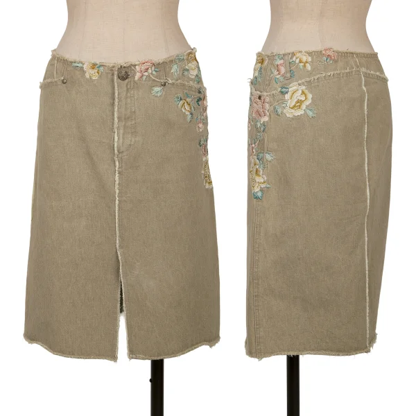 VIVIENNETAM Floral Embroidered Denim Skirt Khaki 0 K-163410_001