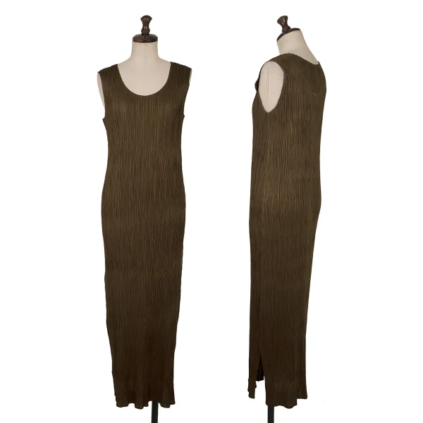 PLEATS PLEASE Crepe Pleated Side Slit Sleeveless Dress Khaki 4 K-163708_001