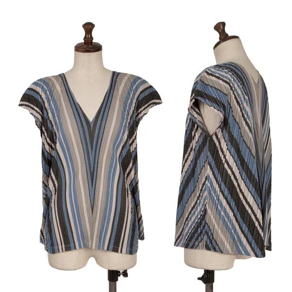 PLEATS PLEASE Poly Cotton Stripe V Neck Top Sky blue,Grey 4 K-163753_001
