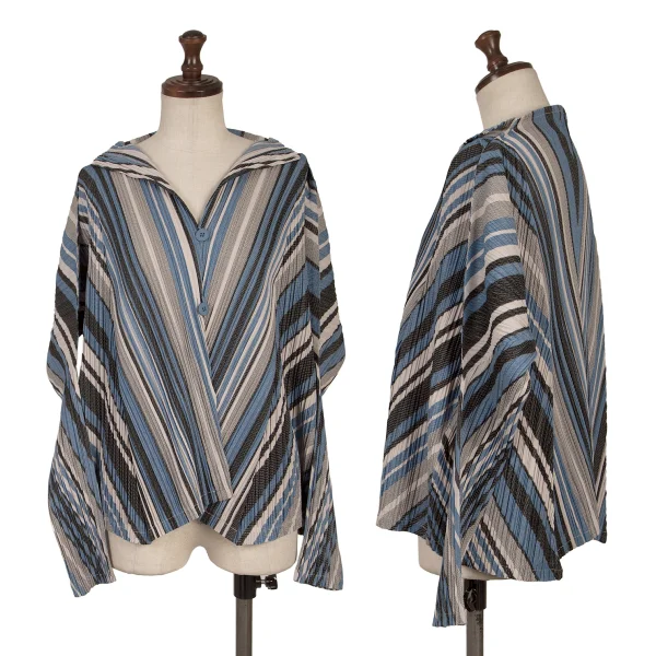 PLEATS PLEASE Poly Cotton Stripe Cardigan Grey,Sky blue 3 K-163754_001