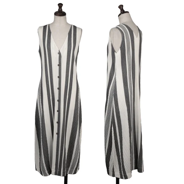 PLEATS PLEASE Striped V-neck Sleeveless Dress White,Grey 4 K-163759_001