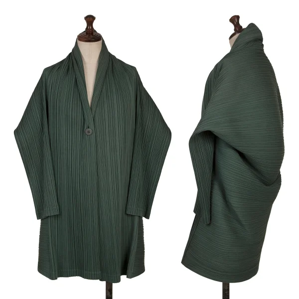 PLEATS PLEASE Cotton Poly Raglan Shawl Collar 1B Jacket Green 3 K-163761_001