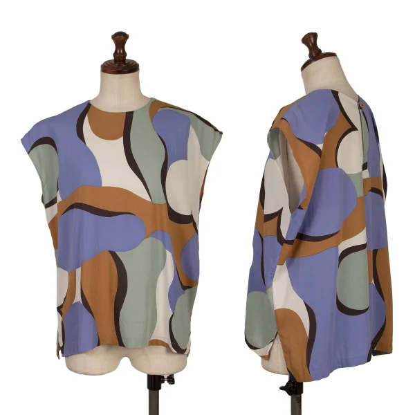 イッセイミヤケISSEY MIYAKE コットンジオメトリックプリントノースリーブブラウス マルチ2