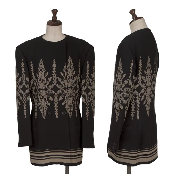 GIANNI VERSACE Wool Botanical Print Collarless Jacket Black,Beige S-M K-163782_001