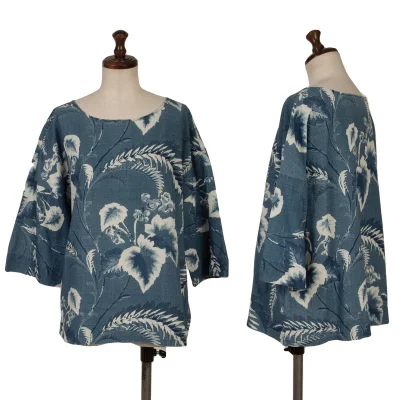 45rpm 45R Cotton Indigo Dyed Botanical Print 3/4 Sleeve Top