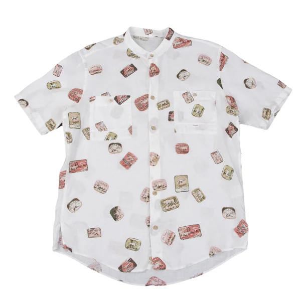 Papas ISLAND Linen Logo Print Band Collar Short Sleeve Shirt White,Multi-Color 48M K-163947_001