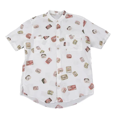 Papas ISLAND Linen Logo Print Band Collar Short Sleeve Shirt